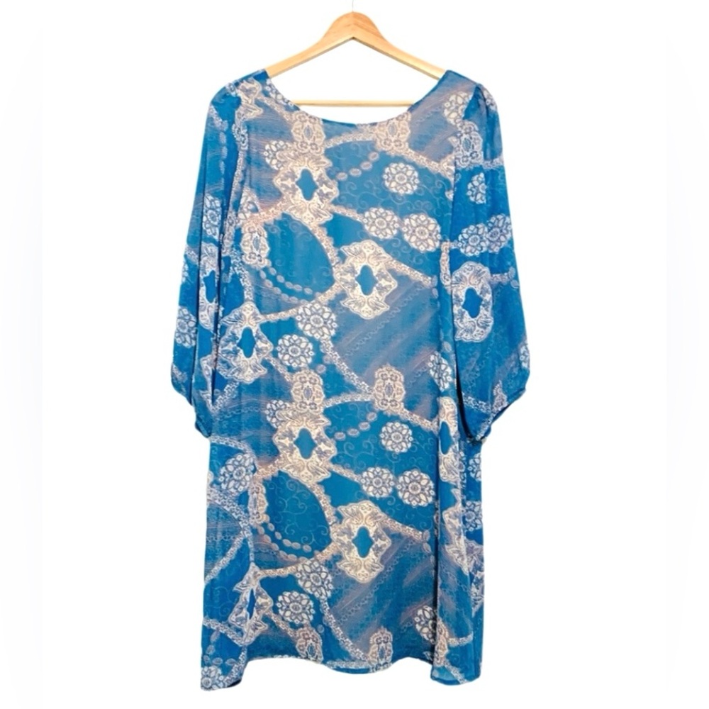 Francesca's Dina Be Blue Chiffon Floral Paisley Shift Dress Large Long Sleeve